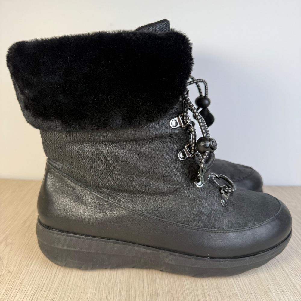 FitFlop Mukluk Shorty Black Camo Faux‎ Fur Lined Winter Boots Womens 10